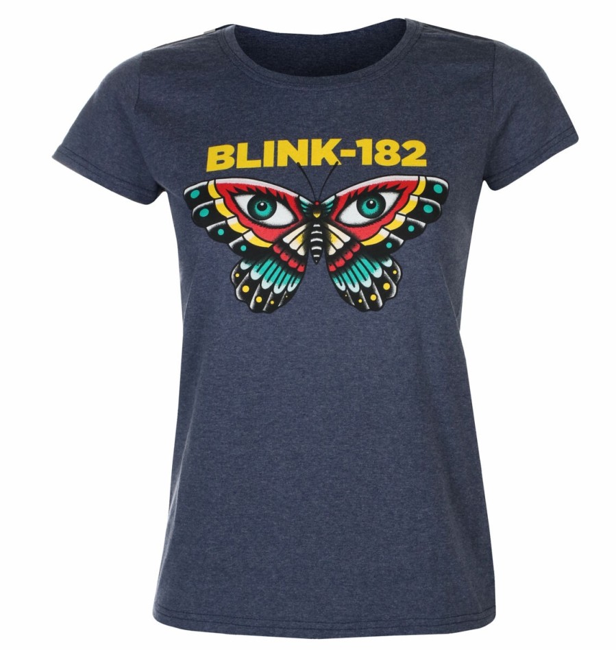 Kvinder ROCK OFF Metal T-Shirts | T-Shirt Til Kvinder Blink 182 - Butterfly - Navy - Rock Off